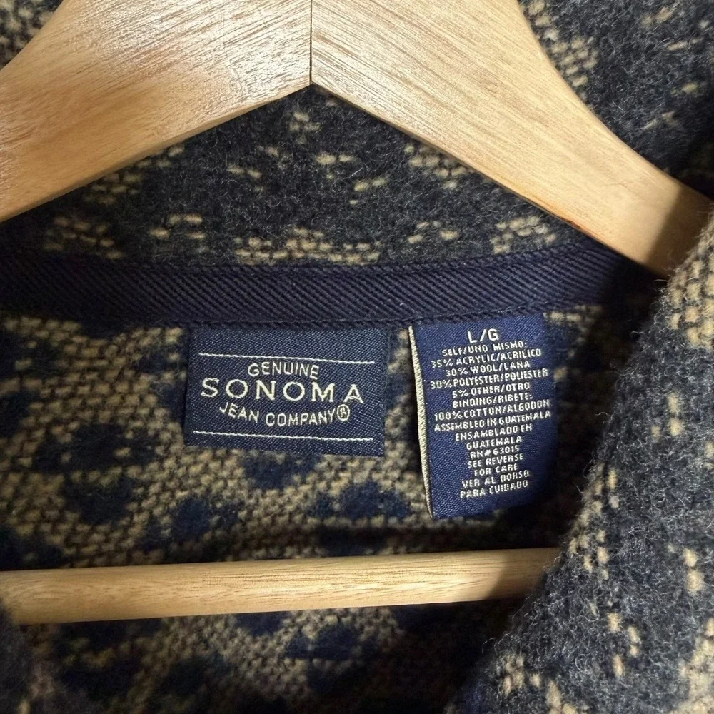 Sonoma Western‎ Rugged Wool Blend Moose Print Cardigan Sweater Navy L Cabincore